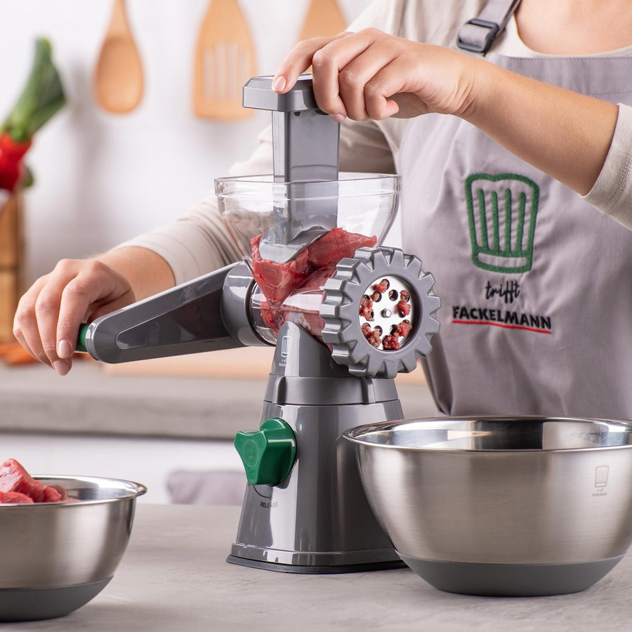 Fackelmann Chefkoch Fleischwolf mit Gebäckaufsatz, 6-teilig, Grau-Grün - Bild 3