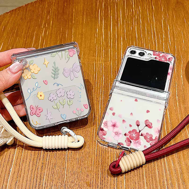 Transparente Handyhülle mit Handgelenkschlaufe und Blumenmuster für Samsung Galaxy Z Flip 7 FE, Flip6, Flip5, Flip4, Flip3 5G in Rosa - Bild 1