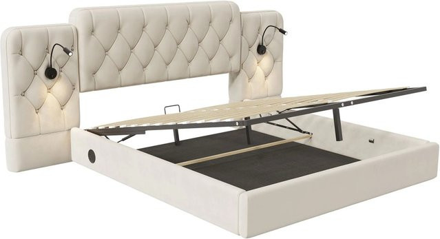okwish Bettgestell mit USB-Anschluss, integrierter Leselampe und Unterbettbeleuchtung in Beige, B/T/H: 160 x 200 x 105 cm - Bild 1