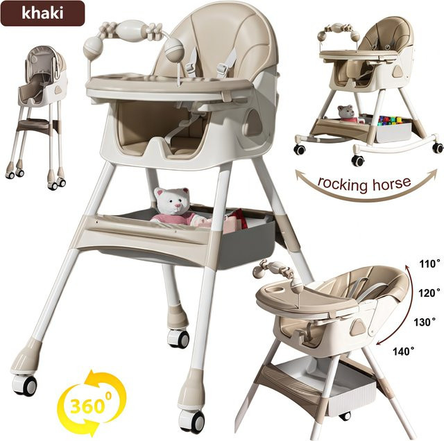 Klappbarer Baby-Fütterungsstuhl von Magic ZC in Grau oder Beige mit 360 Grad Drehsitz und Rollen - Bild 1