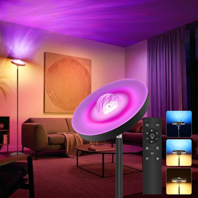 Oraymin RGB Stehlampe mit Wasserwellen-Projektion in Schwarz, dimmbare LED Stehleuchte mit Leselampe und Fernbedienung, Höhe: 175 cm, Breite: 25 cm, Tiefe: 25 cm - Bild 1