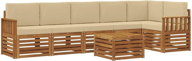 vidaXL Sofagarnitur 7-teilig aus Akazie Massivholz in Natur und Beige mit Polsterung und Armlehnen - Bild 1