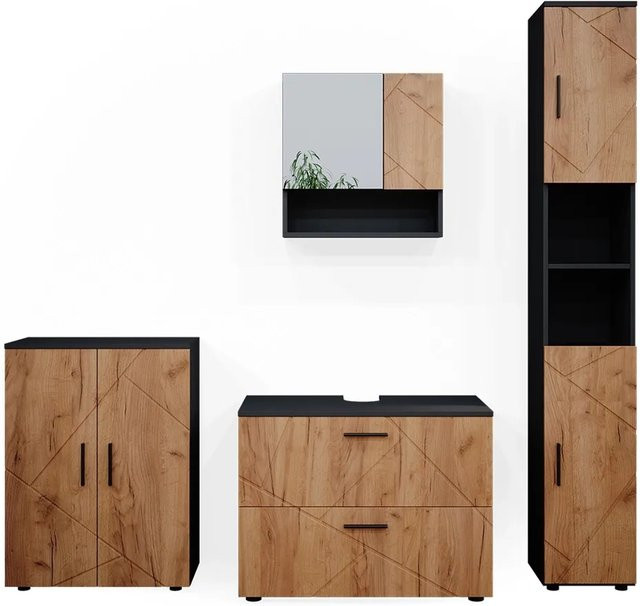Vicco Badmöbelset Irma in Anthrazit und Eiche bestehend aus Spiegelschrank, Badschrank und Hochschrank - Bild 2