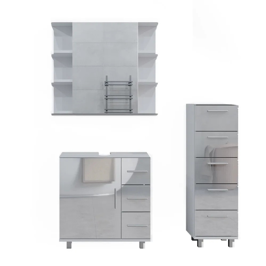 Vicco Badmöbelset Ilias in Weiß Hochglanz, modernes 3-teiliges Badezimmer-Set mit Spiegelschrank, Waschtischunterschrank und Midischrank - Bild 2