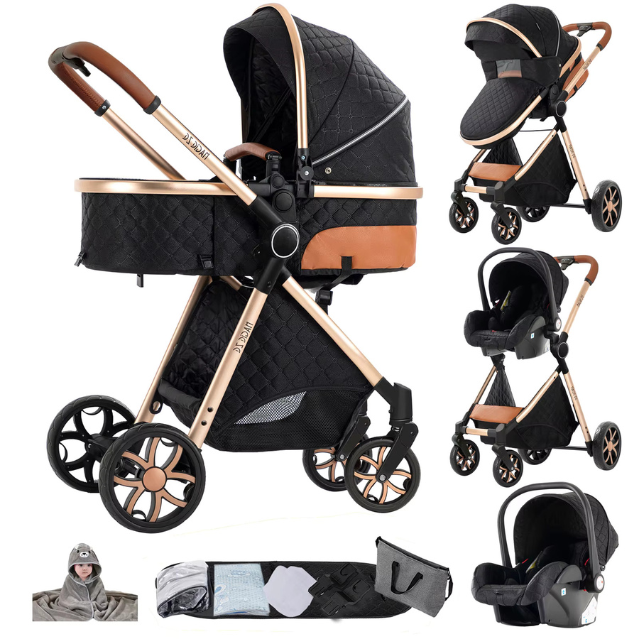 Magic ZC Premium 3-in-1 Kinderwagen-Reisesystem in Schwarz-Gold mit Babywanne, Autositz und umkehrbarem Sitz, kompakt faltbar und mit verstellbarem Lenker - Bild 4