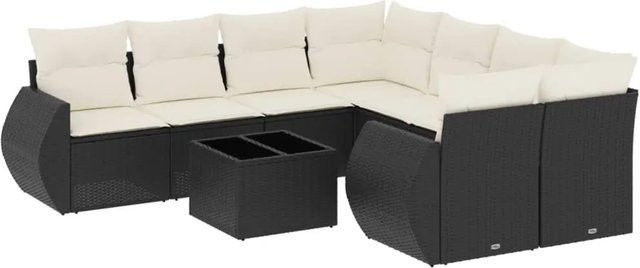 vidaXL 9-tlg. Garten-Sofagarnitur in L-Form aus Poly-Rattan mit Kissen in Schwarz und Cremeweiß - Bild 1