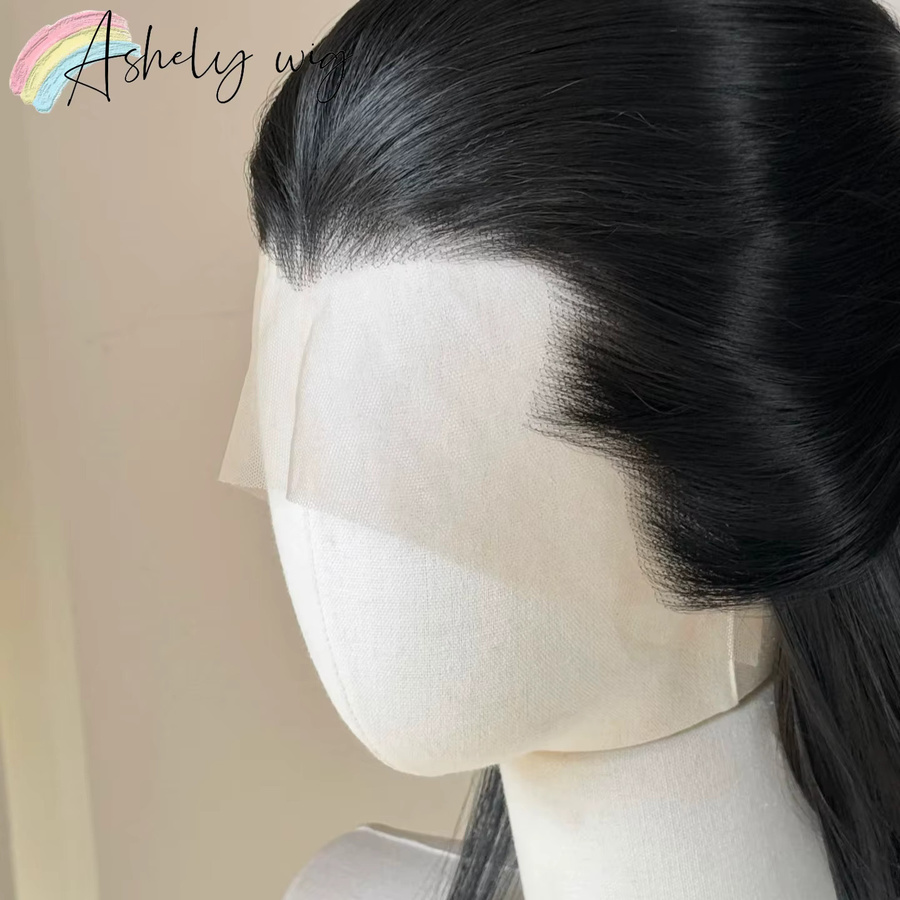 Ashely Widow's Peak Perücke, schwarze Spitzenfrontperücke, 26 Zoll, glattes Haar, synthetisch - Bild 3
