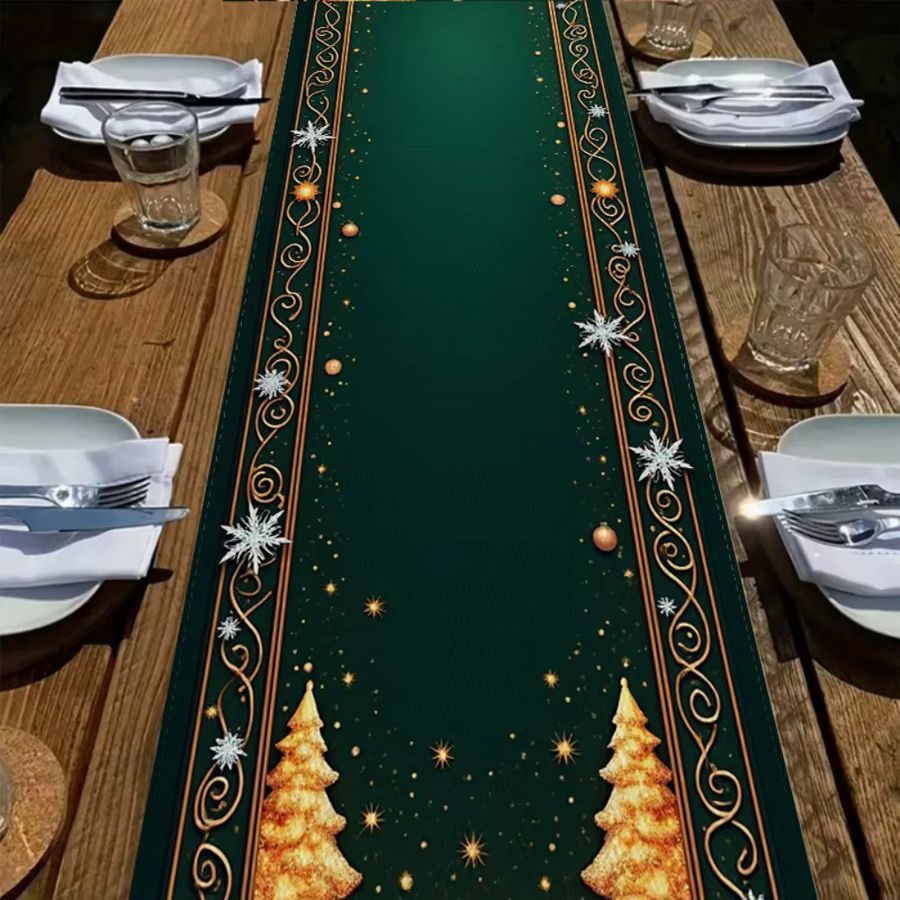 VIKAMA Luxuriöses Tischset in Jadegrün mit goldenem Weihnachtsbaum und funkelnden Schneeflocken - Bild 2