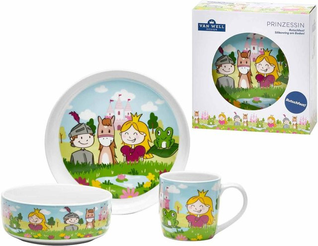 Van Well Kindergeschirr Set Prinzessin 3-teilig aus Melamin und Porzellan, Mehrfarbig - Bild 1