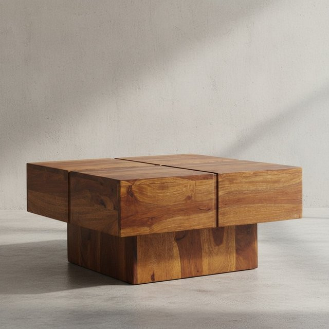 KADIMA DESIGN Couchtisch aus Sheesham Massivholz in Braun mit modernem Rillenmuster, quadratisch, B/T/H: 57,5 x 57,5 x 30 cm - Bild 1