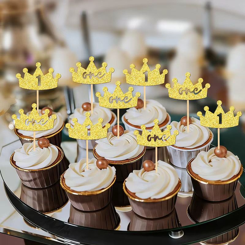 YOMDID 24 Stück Glitzer-Kronen-Cupcake-Topper in Gold für Geburtstag und Babyparty als Kuchenaufsätze und Partydekoration - Bild 4