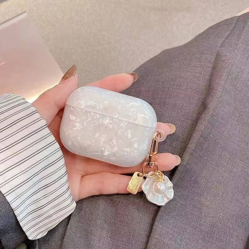 Fomscvka Perlmuschel-Schutzhülle mit Perlen-Schlüsselanhänger für Apple AirPods in Pink - Bild 1