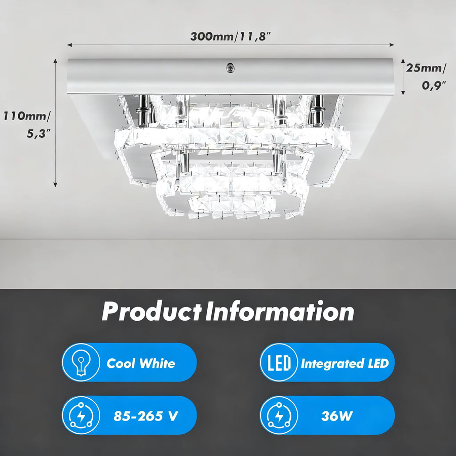 Oyajia LED-Kristall-Deckenleuchte in Weiß mit kühlem weißem Licht, 36 W, Durchmesser: 30 cm - Bild 3