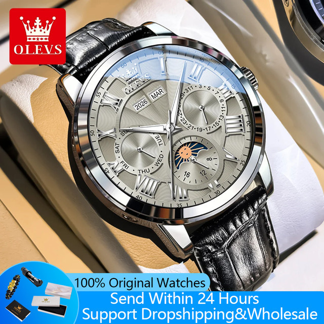 OLEVS Armbanduhr Automatik, Edelstahl, Silber, Leder, Herren - Bild 1
