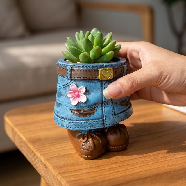 Kreativer Blumentopf in Jeansrock-Form in Blau, künstlerischer Sukkulententopf aus Kunststoff für dekorative Gartenornamente - Bild 1