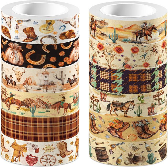 12-Rollen Washi-Tape-Set mit Western-Cowboy-Motiv in Multicolour aus Papier für Scrapbooking und DIY-Bastelarbeiten - Bild 1
