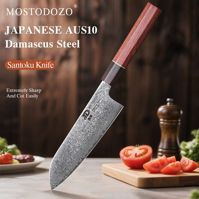 MOSTODOZO Santoku-Messer aus 67-Lagen Damaszener Stahl, 7 Zoll, Silber mit Holzgriff - Bild 1