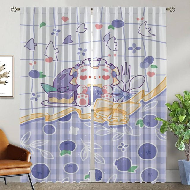 2er-Set Elegante Küchenvorhänge Bär in Blau, Semi-transparente Tüll-Fenstervorhänge mit Tier-Motiv, Breite: 50 cm, Höhe: 70 cm - Bild 1