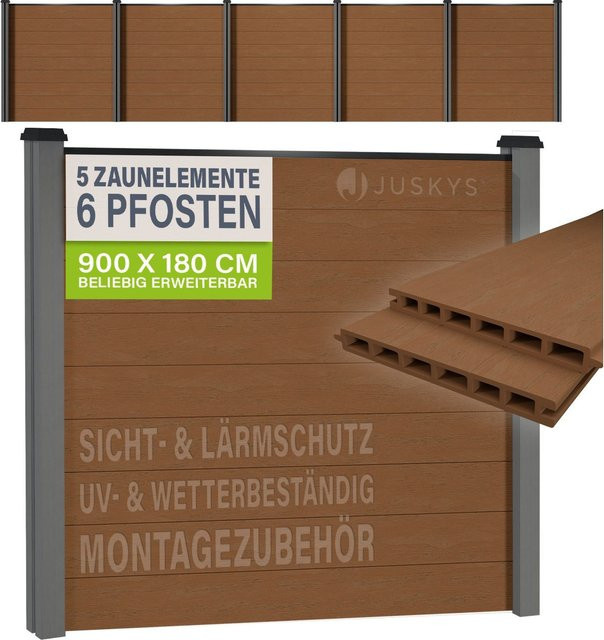 JUSKYS WPC Sichtschutzzaun 5er Set aus WPC und Stahl in Grau/Braun mit 5 Elementen und 6 Pfosten inklusive Zubehör - Bild 1