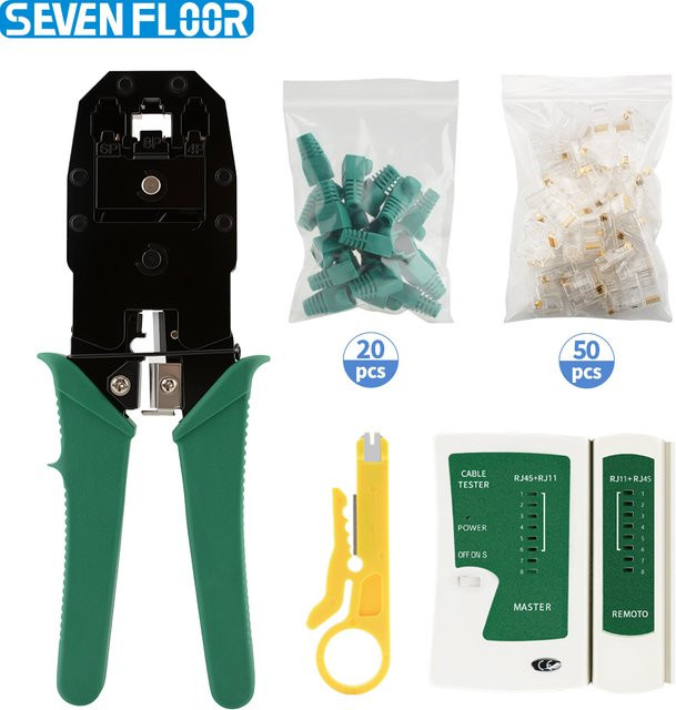 Multifunktions-Set mit RJ45-Crimper, LAN-Kabeltester, Abisolierwerkzeug, 50 Stück Cat5 Modularsteckern und 20 Stück Schutzkappen in Blau - Bild 1