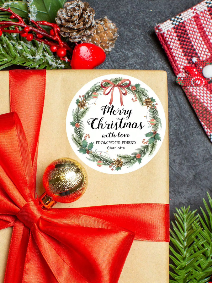 Personalisierte Weihnachtsaufkleber mit Kranz-Design, kreisförmige selbstklebende Geschenketiketten für Kinder, Mehrfarbig - Bild 3