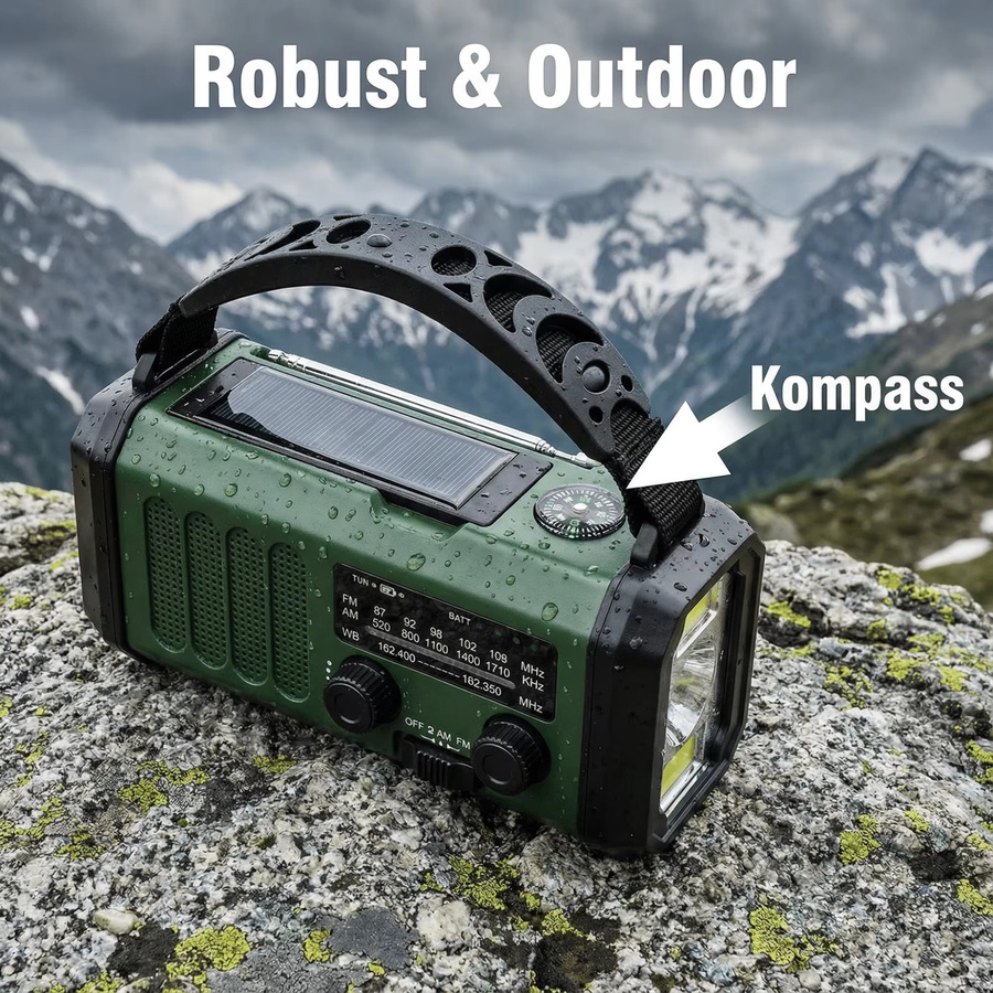 Tragbares Notfallradio in Grün mit Powerbank, Solar, Handkurbel und Taschenlampe für Outdoor und Camping mit FM/AM/WB sowie Kompass - Bild 3