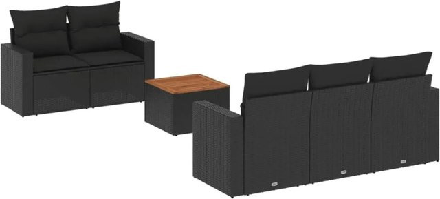vidaXL 6-tlg Garten-Sofagarnitur aus Poly-Rattan und Akazienholz in Schwarz mit Kissen und Tisch - Bild 1