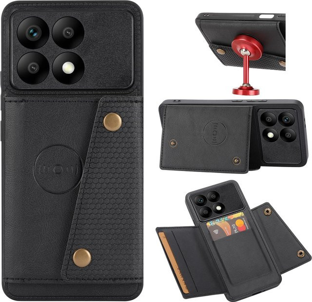 MOBFONE Lederhülle für Xiaomi POCO X6 PRO 5G als Brieftasche mit magnetischen Kartenfächern, Schwarz - Bild 1