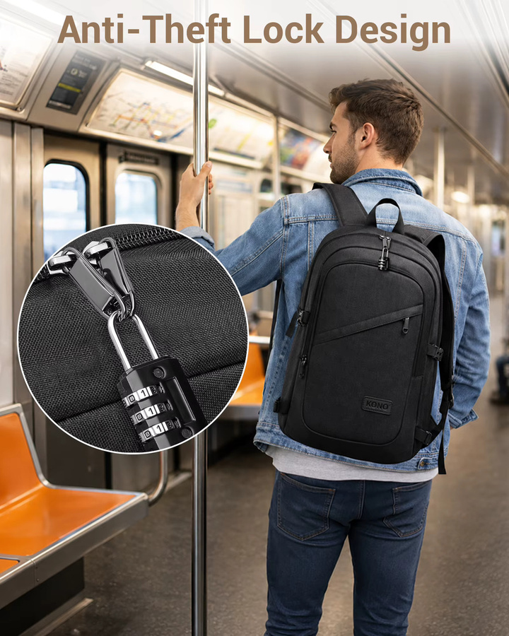 Kono Laptop-Rucksack mit Diebstahlschutz für Reisen und Business, passend für Laptops bis 15,6 Zoll in Schwarz oder Blau - Bild 3