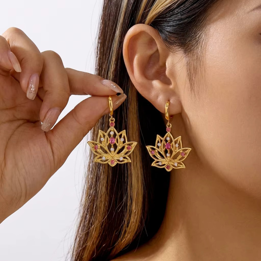 Rinhoo Ohrringe, goldfarben, Lotusblüten, Strass-Tropfen, Damen - Bild 2