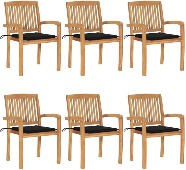 vidaXL Set aus 6 stapelbaren Gartenstühlen aus Teakholz mit Kissen in Braun und Schwarz - Bild 1