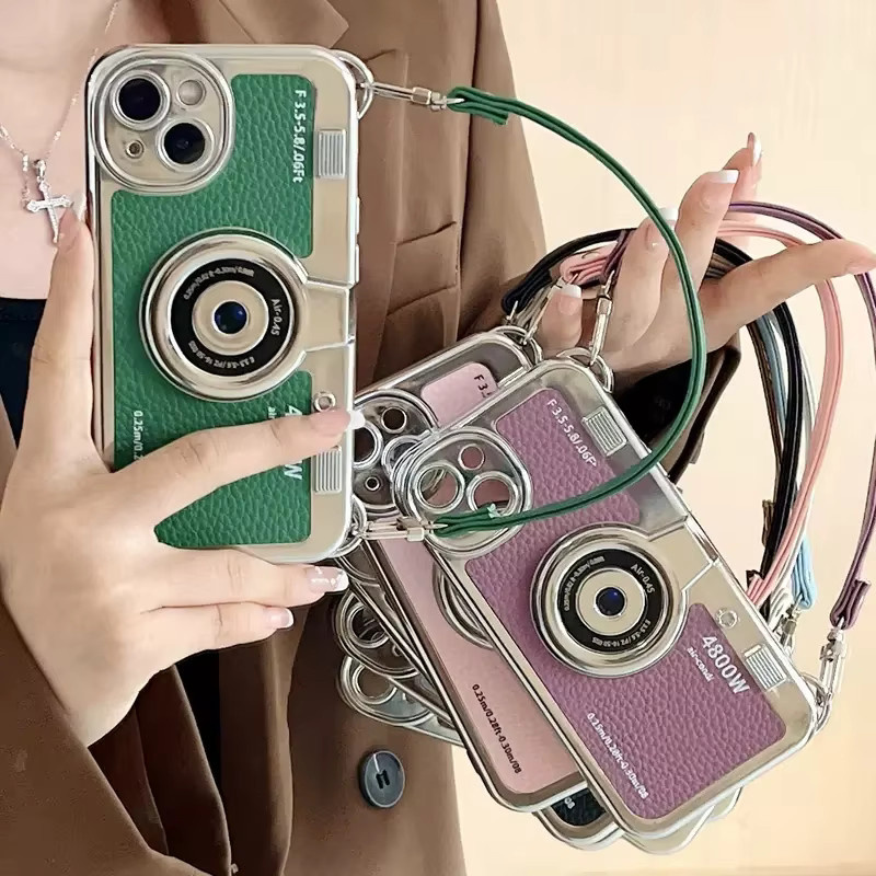 Retro-Kamera Handyhülle aus weichem TPU für iPhone 11 12 13 14 15 16 Pro Max Plus mit Umhängeband in Braun - Bild 4