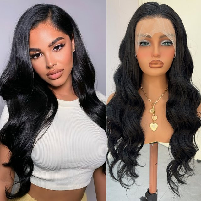 Lu's Wigs Spitzenperücke, schwarz, lang gewellt, Damen - Bild 1