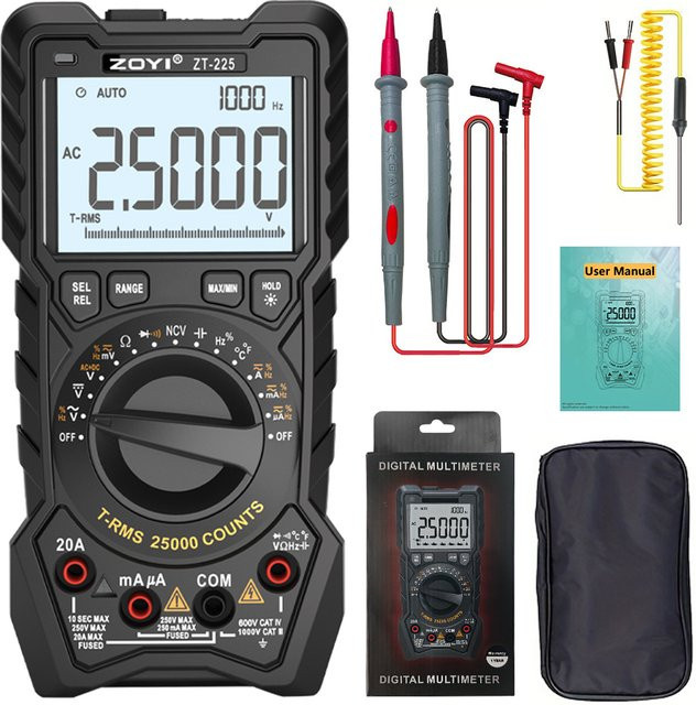 ZOYI Digitales Multimeter in Schwarz mit 25000 Ziffern, Intelligentes Messgerät für NCV, AC, DC, Ohm und Hz mit manueller Bereichswahl - Bild 1
