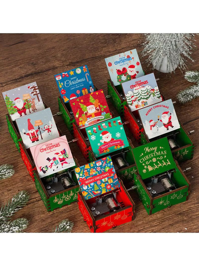 Eyesin Weihnachts-Spieluhr aus Holz mit Handkurbel in Mehrfarbig, Rustikale Tischdekoration für Kinder und Weihnachten - Bild 3