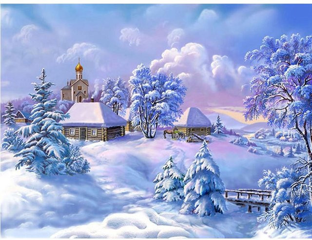 FIYO Diamant-Gemälde Winterlandschaft mit Schnee als Perlenstickerei in Blau, B/H: 50 x 70 cm - Bild 1