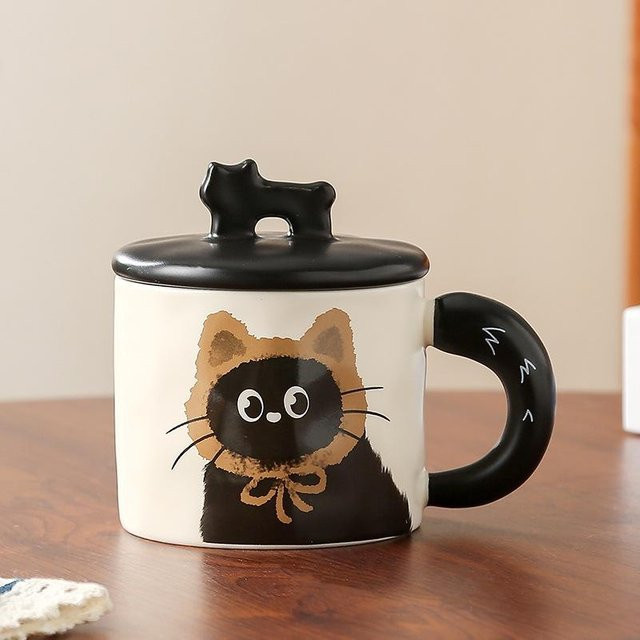 Yiran toy 1 Keramiktassen im Paar mit Deckel, Niedliches Katzen-Cartoon-Design, Mehrfarbig, 420 ml - Bild 1
