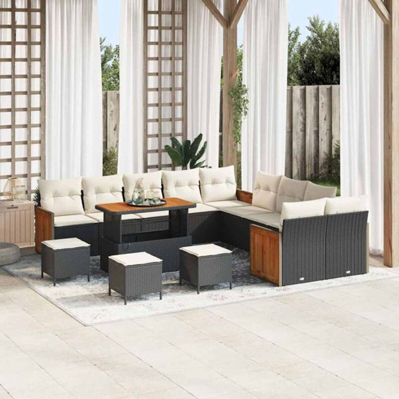 vidaXL Garten-Sofa-Set aus Polyrattan und Akazie in Schwarz und Creme, 14-teiliges Loungemöbel-Set, B/T/H: 110 x 55 x 71 cm - Bild 1