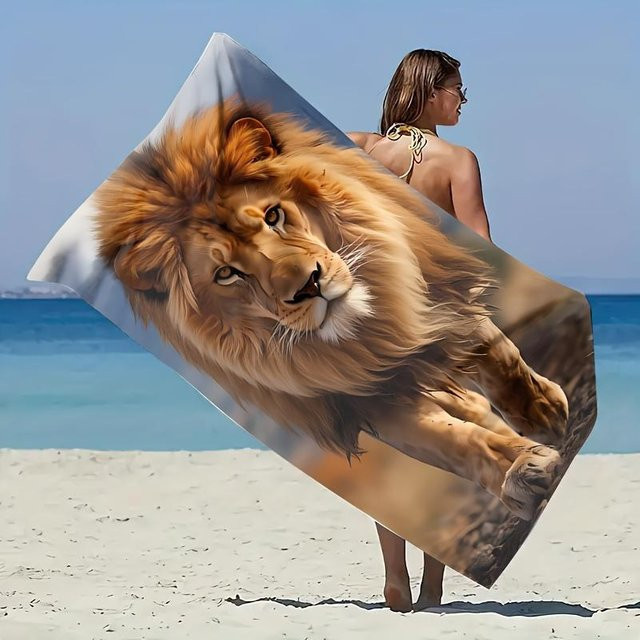 Strandtuch Löwenkopf von JMG Household Supplies mit majestätischem Löwenporträt, Mikrofaser und Baumwolle, mehrfarbig, B/H: 80 x 160 cm - Bild 1