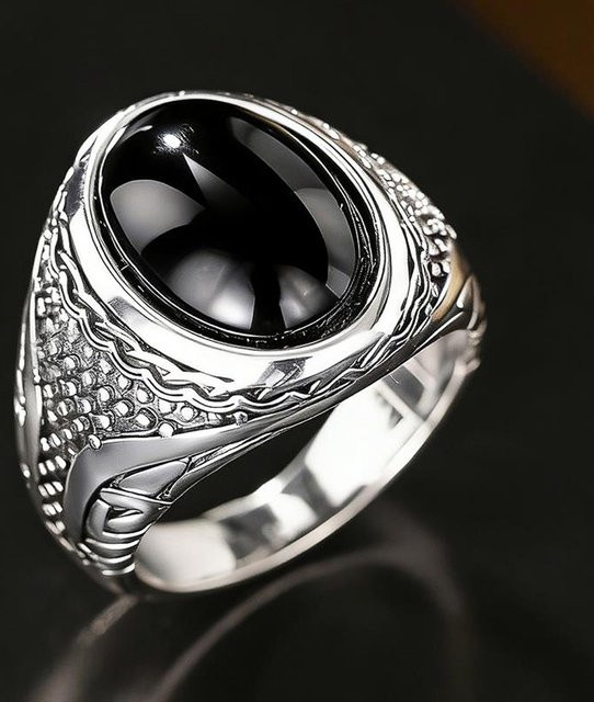 Huitan Schmuck Damen, Silber, Vintage, schwarzer ovaler Stein - Bild 1