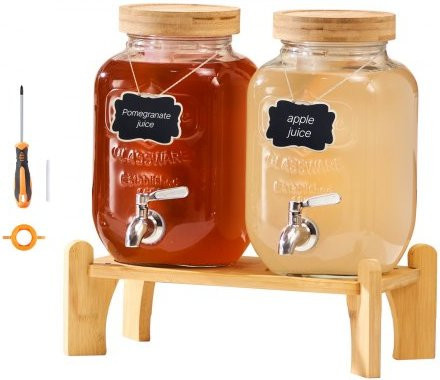 VEVOR Getränkespender Set aus Glas mit Holzständer und tropfsicherem Edelstahl-Zapfhahn, 2 x 3,8 l, transparent - Bild 1