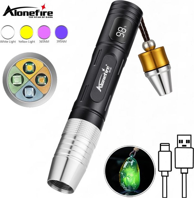 Alonefire 4 in 1 LED UV Taschenlampe mit 365 nm und 395 nm für die Identifikation von Schmuck, Edelsteinen und Bernstein in Smaragdgrün - Bild 1