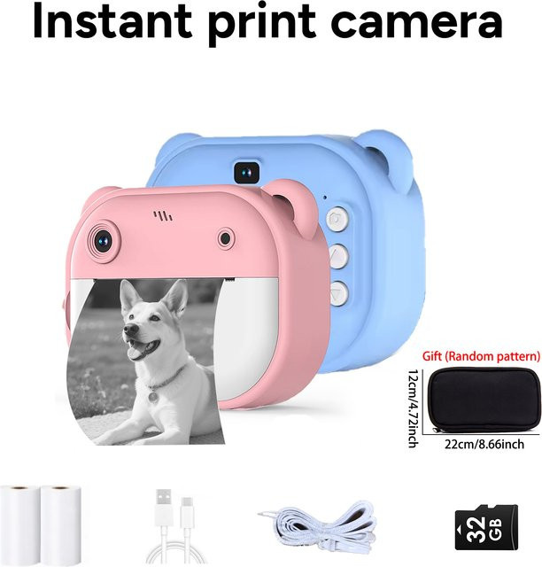 Digitale Kinder-Sofortdruckkamera in Rosa mit 1080P Videorecorder, tragbare Druckkamera mit 32G-Speicher und integrierten Spielen für Kinder - Bild 1