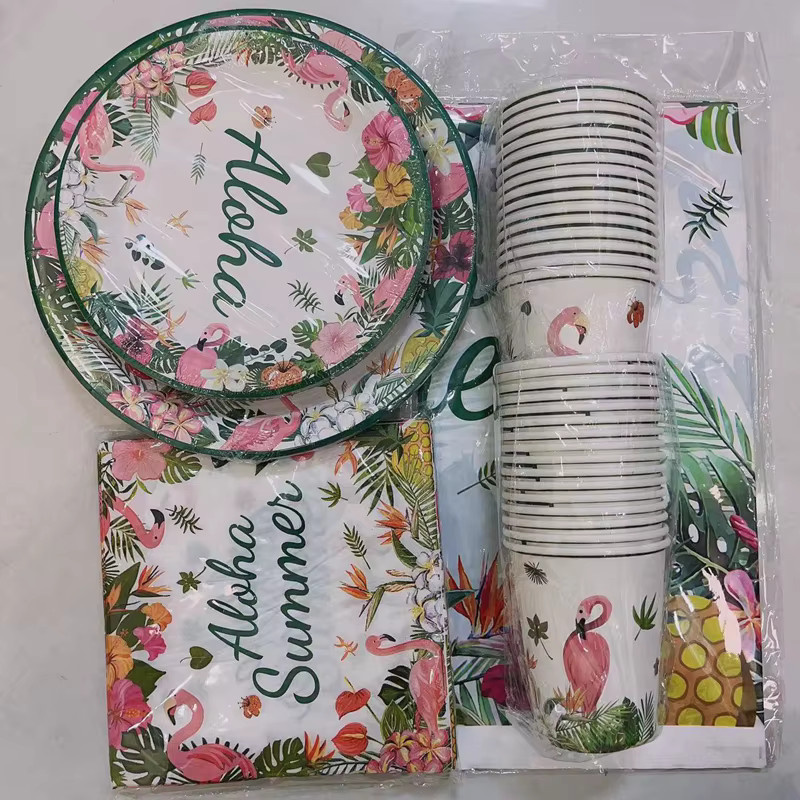 Alivparty Einweg Geschirrset aus Palmblättern und Papier mit Tischdecke in Mehrfarbig für Hawaii Sommerfest und Geburtstagsparty - Bild 2