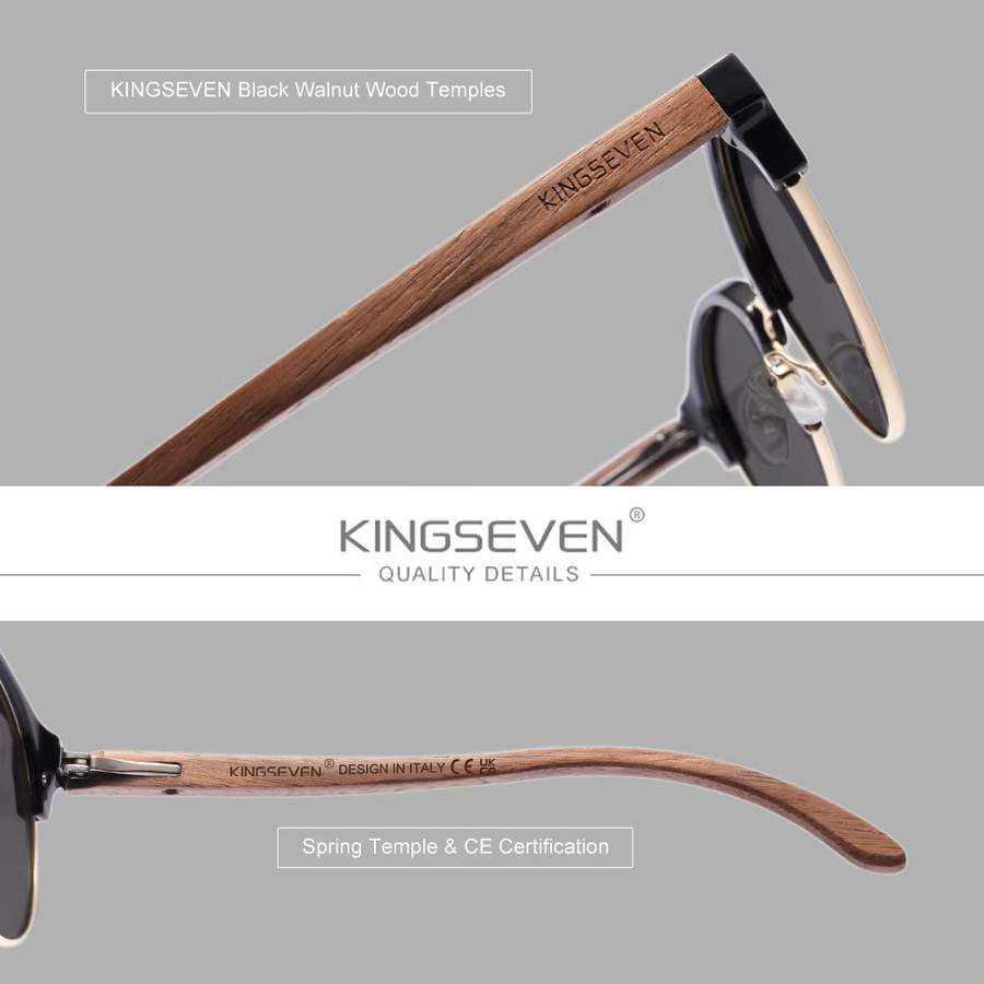 KINGSEVEN Sonnenbrille, Holz, Rund, Vollrand, Schwarz, Unisex, polarisiert - Bild 2