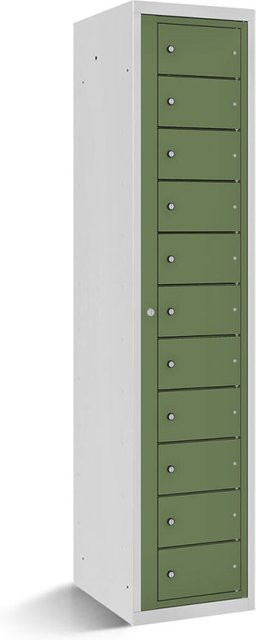 rotstahl Fächerschrank mit Zentraltür und 11 Fächern in Hellgrün, Korpus Lichtgrau, B/T/H: 40 x 50 x 180 cm - Bild 1