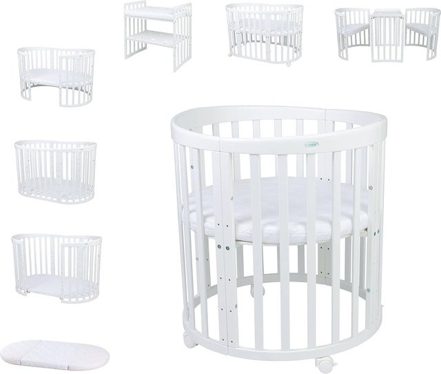 Waldin Babybett OWAL 7in1 Kinderbett aus Buchenholz mit Matratze, mitwachsendes Kinderbett, lackiert - Bild 1