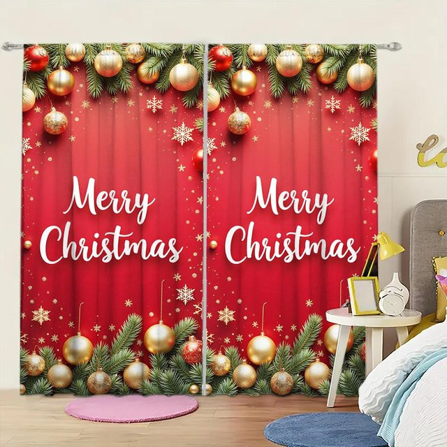 2er-Set Weihnachts Vorhänge mit Frohe Weihnachten Print in Rot, halbtransparent mit Stangentasche, B: 52,5 cm, H: 116 cm - Bild 1