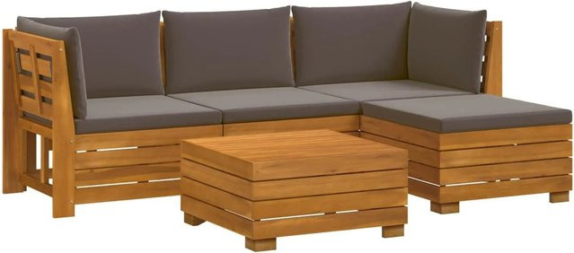 vidaXL Outdoor-Sofagarnitur aus Massivholz Akazie in L-Form mit 5 Kissen, Braun und Dunkelgrau - Bild 1