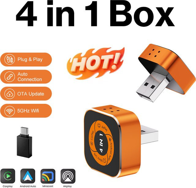 FLIXIVI 4-in-1 Wireless CarPlay und Android Auto Adapter mit AirPlay Mirror Link und Bluetooth in Orange für Volvo, Benz, MG und Kia - Bild 1